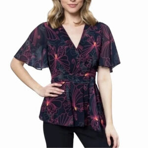 Julie Brown NYC size 6 navy rhapsody butterfly peplum blouse